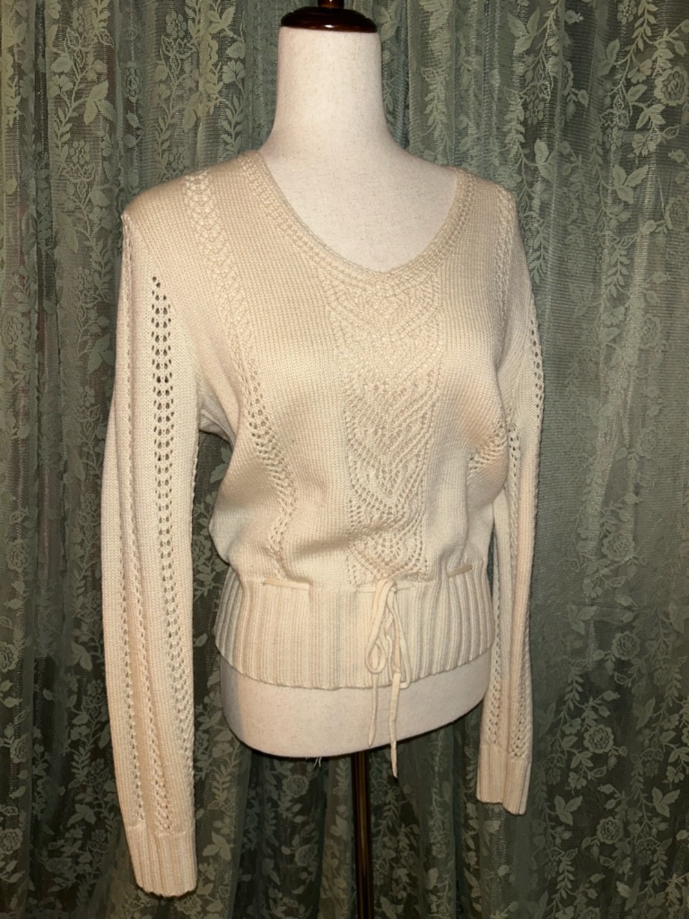 100% Merino Wool Jones New York Knit V-Neck Sweater with Drawstring Waist
